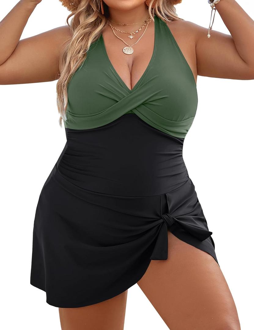 Blooming Jelly Women Plus Size Swim Dress Swimsuit One Piece Tummy Control Bathing Suits Modest Criss Cross Swim Suits (3X-Large Plus, Black Green)