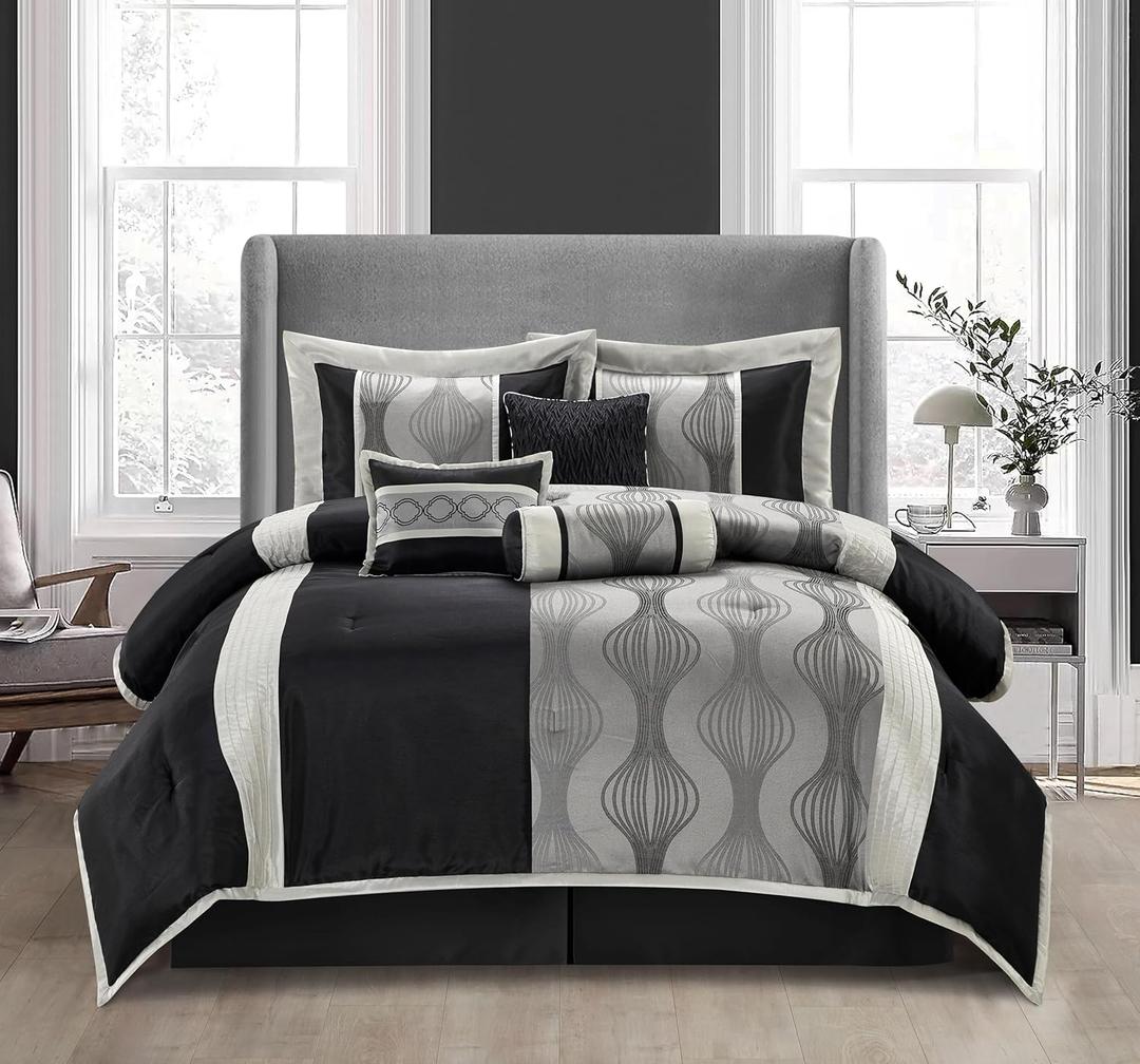 Stratford Park Black and Silver Comforter Set,Elegant 7 Pieces Queen Size Striped All Season Bedding Set