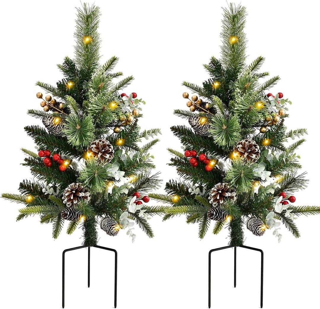 2 Pack Outdoor Christmas Trees for Porch Lighted Artificial Christmas Urn Fillers, Battery-Powered LED Lights, Tripod Stakes for Holiday Porch Decorations on Porches, Patios, urn filler, and Flower Beds