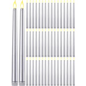 Funtery 48 Pcs Flameless LED Taper Candles Battery Operated Candles Bulk Realistic LED Candlesticks Flickering for Wedding Church Graduation Party Home Decor(Silver,Classic Style)
