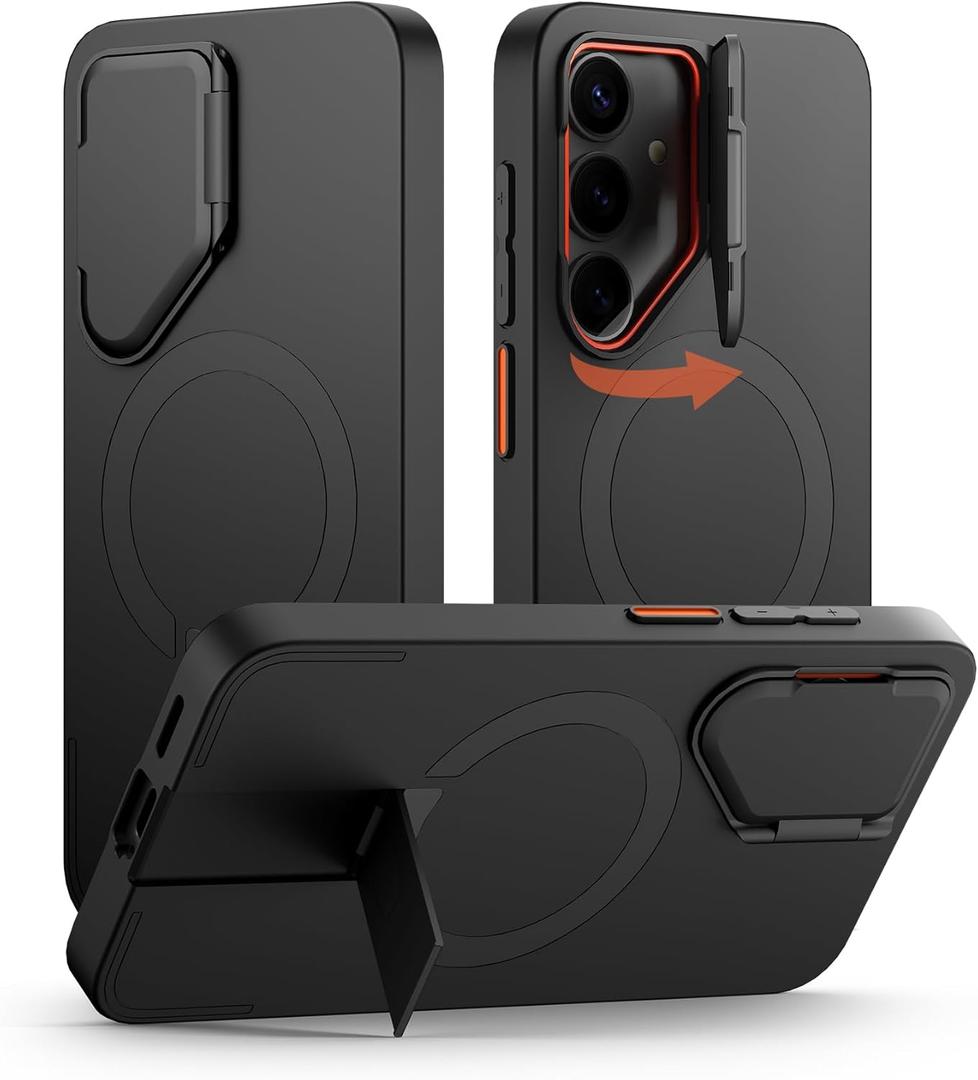 SURITCH for Samsung Galaxy S25 Phone Case, Magnetic Shockproof Bumper Case Slim Protective Cover with Camera Cover & Adjustable Metal Kickstand for Galaxy S25 (2025)-Black (for S25 -6.2")