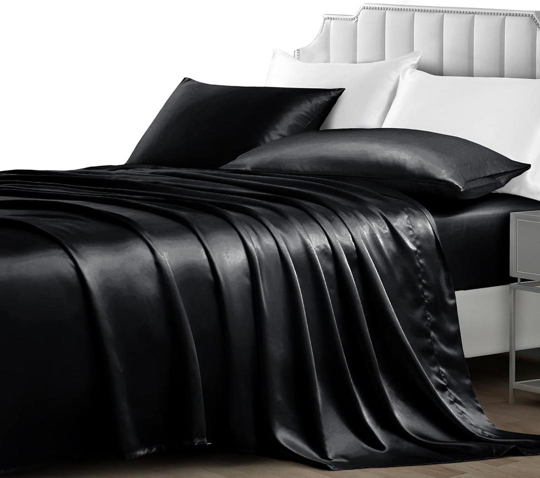 NSGZ Satin Sheets Twin XL - 3 Piece Set with Fitted, Flat Sheet & Pillowcases - Cooling, Extra Soft Satin - Black