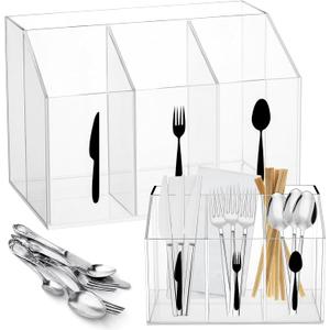 Chunful Acrylic Cutlery Storage Organizer Bin Silverware Caddy Countertop Napkins Flatware Spoon Fork Knife for Cabinet Indoor Outdoor Home Flatware Dining Room10.43 x 6.54 x 3.94 Inches