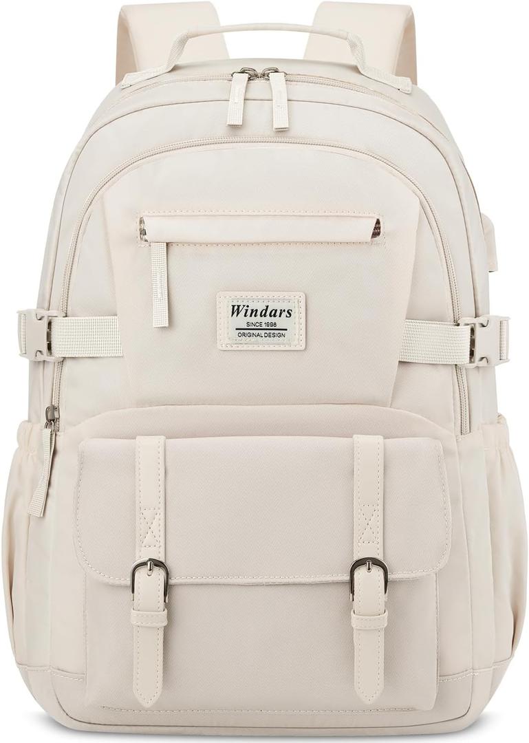WINDARS School Backpack for Teen Girls, Elementary Middle High School College Student Bookbag Aesthetic Backpack Purse for Women Travel Back Pack Fit 15.6 Inch Laptop (Beige)