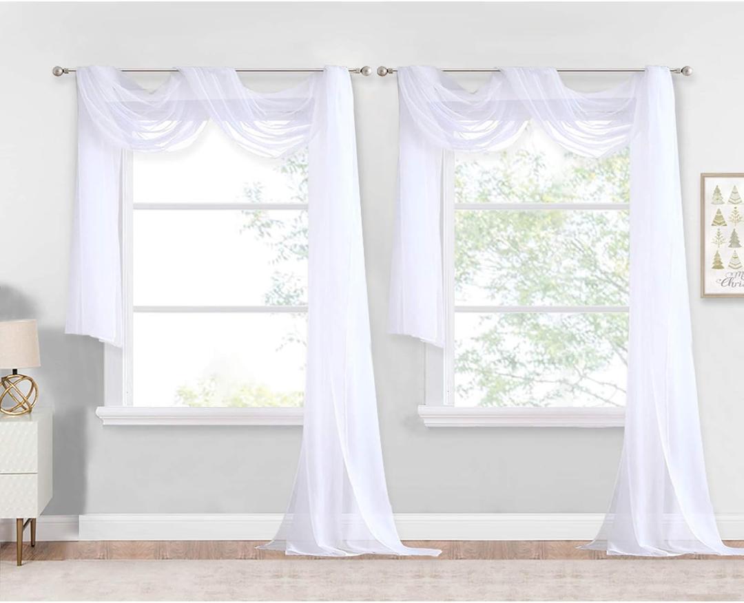 NICETOWN White Sheer Window Scarf 216 inch Extra Long, Soft Voile Textured Bed Canopy Scarf Curtains for Event Designs/Home Decor, 60 inches Wide, Set of 2