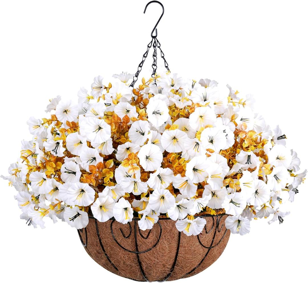 Artificial Fall Flowers Fake Hanging Plants Flowers Basket for Outdoors Autumn Decoration, Silk Morning Glory with Eucalyptus Look Real UV Resistant Faux Flowers for Outside Porch Patio Balcony, White Artificial Fall Flowers Fake Hanging Plants Flowers Basket for Outdoors Autumn Decoration, Silk Morning Glory with Eucalyptus Look Real UV Resistant Faux Flowers for Outside Porch Patio Balcony, White