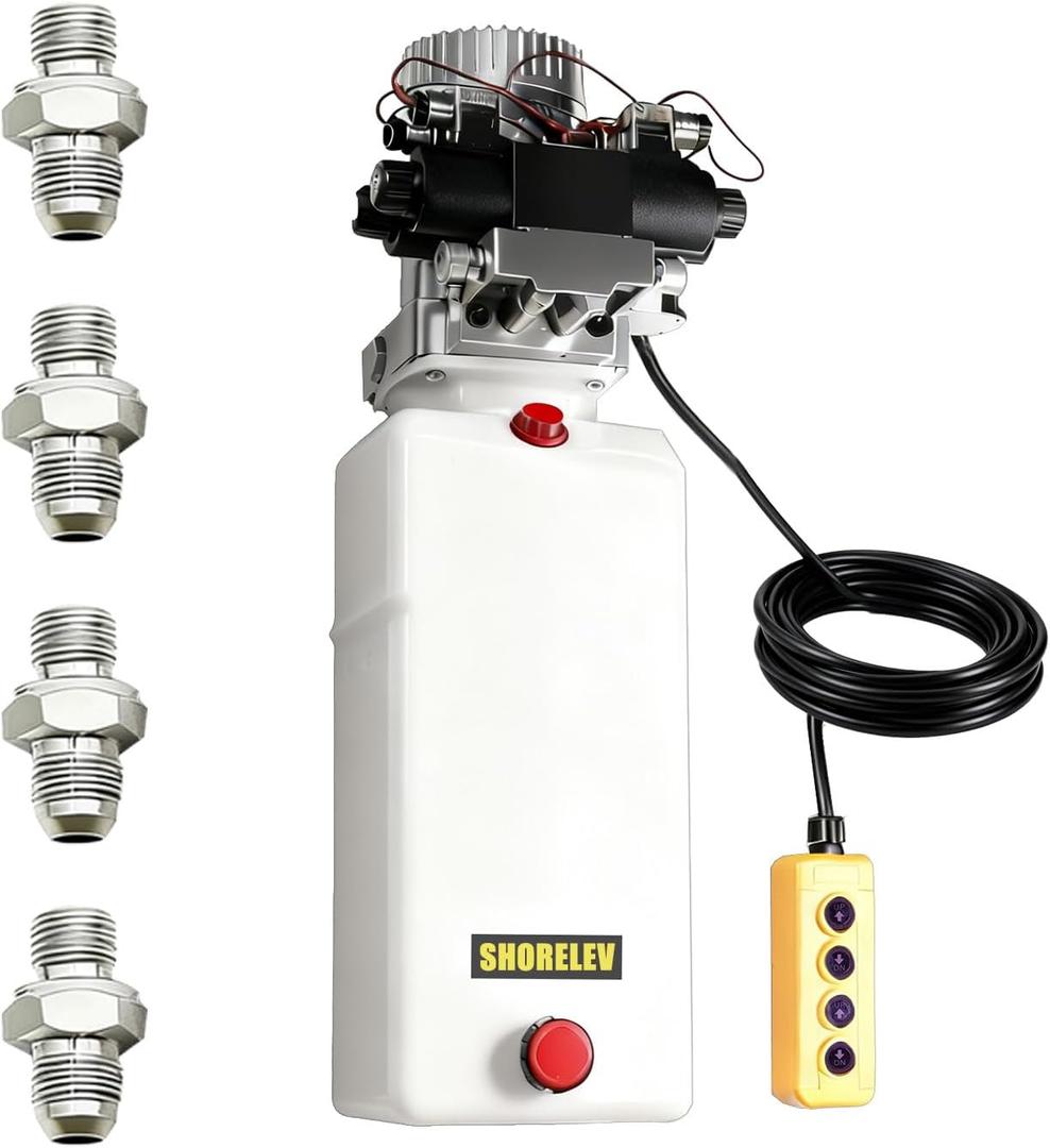 Hydraulic Motor Dump Trailer Pump, 12V DC Double Solenoid Double Acting Hydraulic Power Unit, 8L Plastic Reservoir, for Dump Trucks, Snow Plows, Tow Trucks, and Industrial Machinery