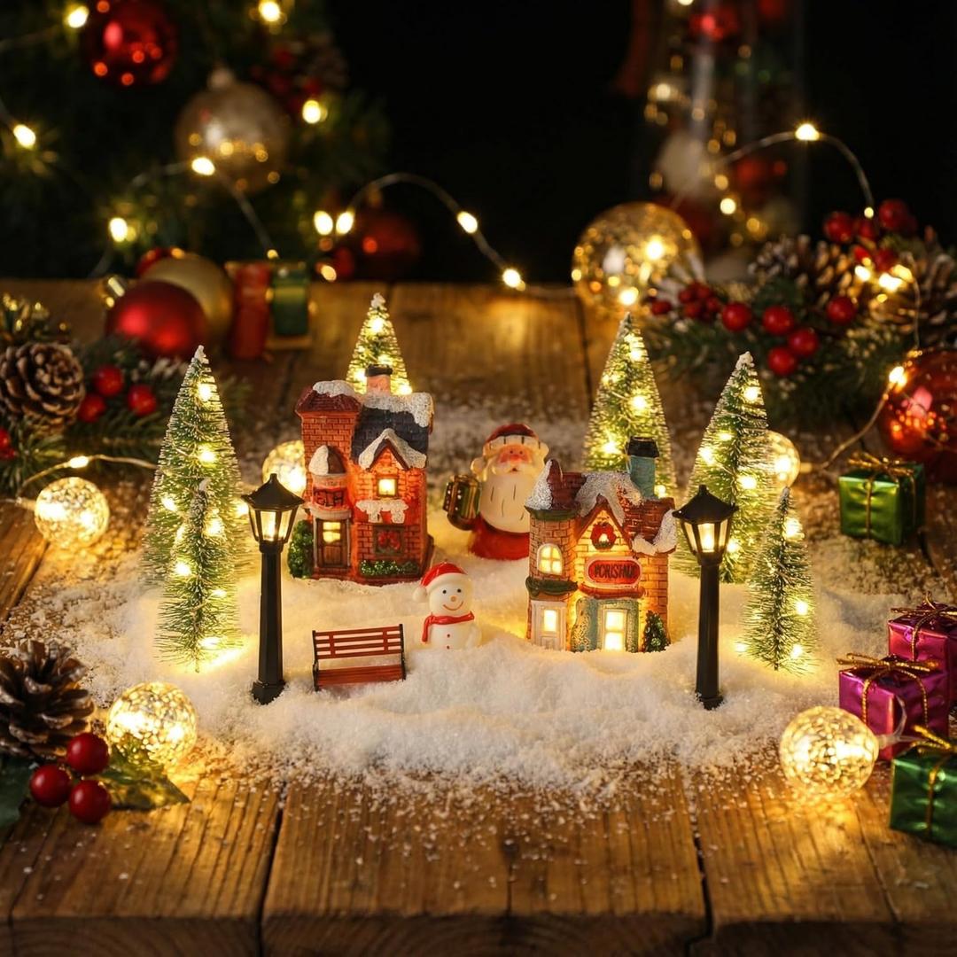 Soulchen 14 Pcs Christmas Village Set for Table Top Centerpiece Decor with Lights Mint Scented Candle Christmas Town Decorations Lighted Scene Figurines Building for Xmas Party Decor DIY Gifts