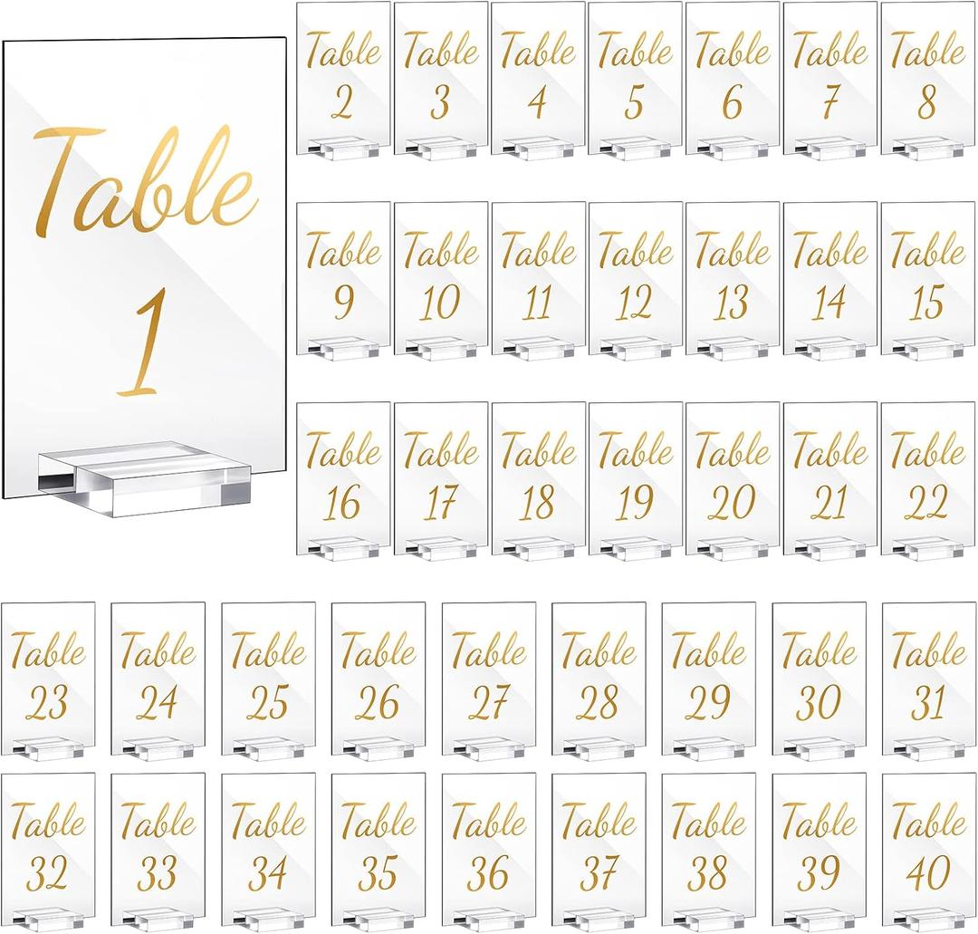 Tuanse 40 Pack Gold Acrylic Wedding Table Numbers 1-40 Clear Stand with Calligraphy Holders - 4 x 6 Inch Acrylic Table Signs for Wedding Reception Centerpieces