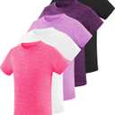 Star Vibe 5 Pack Girl's Shirts Athletic Short Sleeve Dry-Fit T-Shirts Crew Neck Active Sports Tops for Kids Teen 5-14 Years Black/Dark Purple/Purple/White/Rose XL