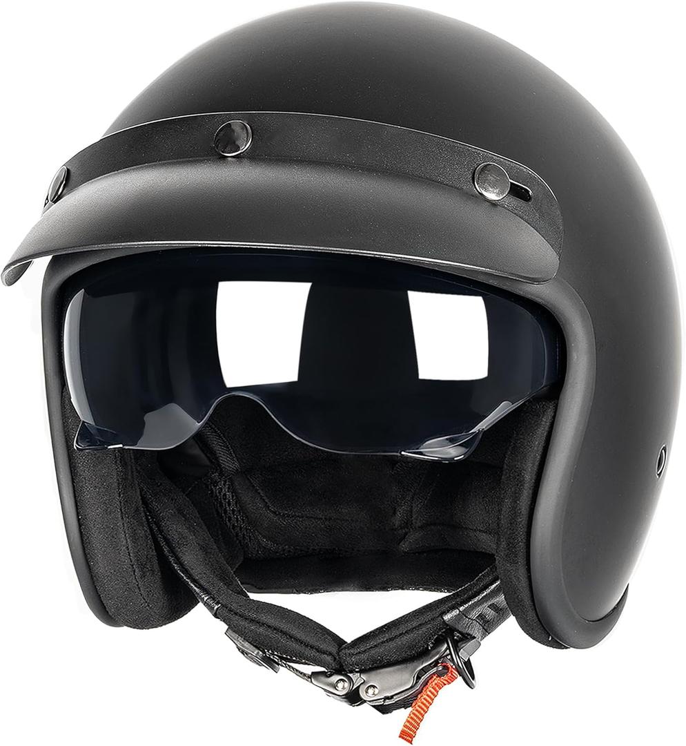 3/4 Open Face Retro Motorcycle Helmet Vespa Helmet Vintage Helmet for Vespa Motorbike Casco, Moped, Cruiser, Bobber, and Chopper - DOT Approved (Large, Matte Black)