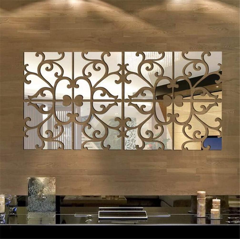 3D Mirror Wall Stickers, Acrylic Square Geometric Pattern DIY Art Decals, Self Adhesive Mirror Plastic Wall Sheet Tiles Home Decoration for Living Room Bedroom Stair Wall Decor (Floral- 8pcs)