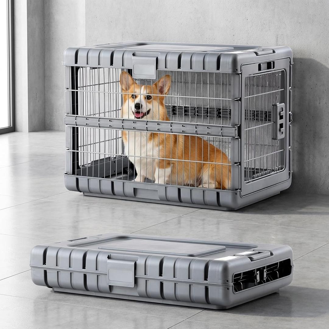 ZOMISIA Collapsible Dog Crate for Dogs - 28" L Heavy Duty Dog Kennel No Tools Required with 4 Sides Steel Foldable Cage for Dogs Indoor Furniture, Portable Carrier with 2 Smooth Wheels, Gunmetal (27.95 x 18.9 x 21.65 in)