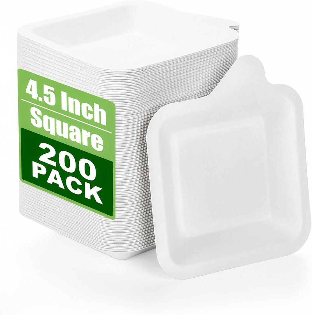 Elsjoy 200 Pack 4.5 Inch Disposable Paper Plates, Small Cake Plates Square Dessert Appetizer Plates for Wedding, Birthday, Made of Sugarcane Bagasse Fiber