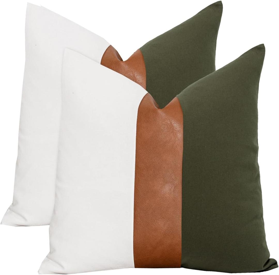 Pack of 2 Farmhouse Cotton Throw Pillow Covers 22x22 Decorative Rustic Pillow Case Olive Green and White Square Cushion Case for Sofa Couch Bed Modern Faux Leather Pillowcase