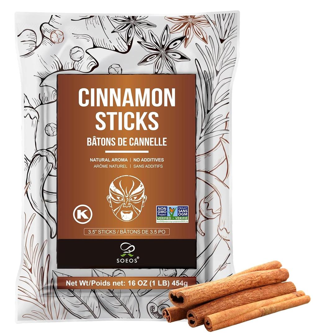 Soeos Cinnamon Sticks, 16 oz (454g), 3.5" Length, 100% Raw, Non-GMO, Kosher Certified, Whole Cinnamon Sticks Seasoning Spice for Coffee, Baking, Cooking and Beverages (EXP 03/01/27)