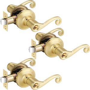 3 Pack Gold Door Handles, Wave Style Entry Door Handle with Lock and Keys, Front Door Leverset Lockset, Keyed Alike/Combo Keys, Right Handing