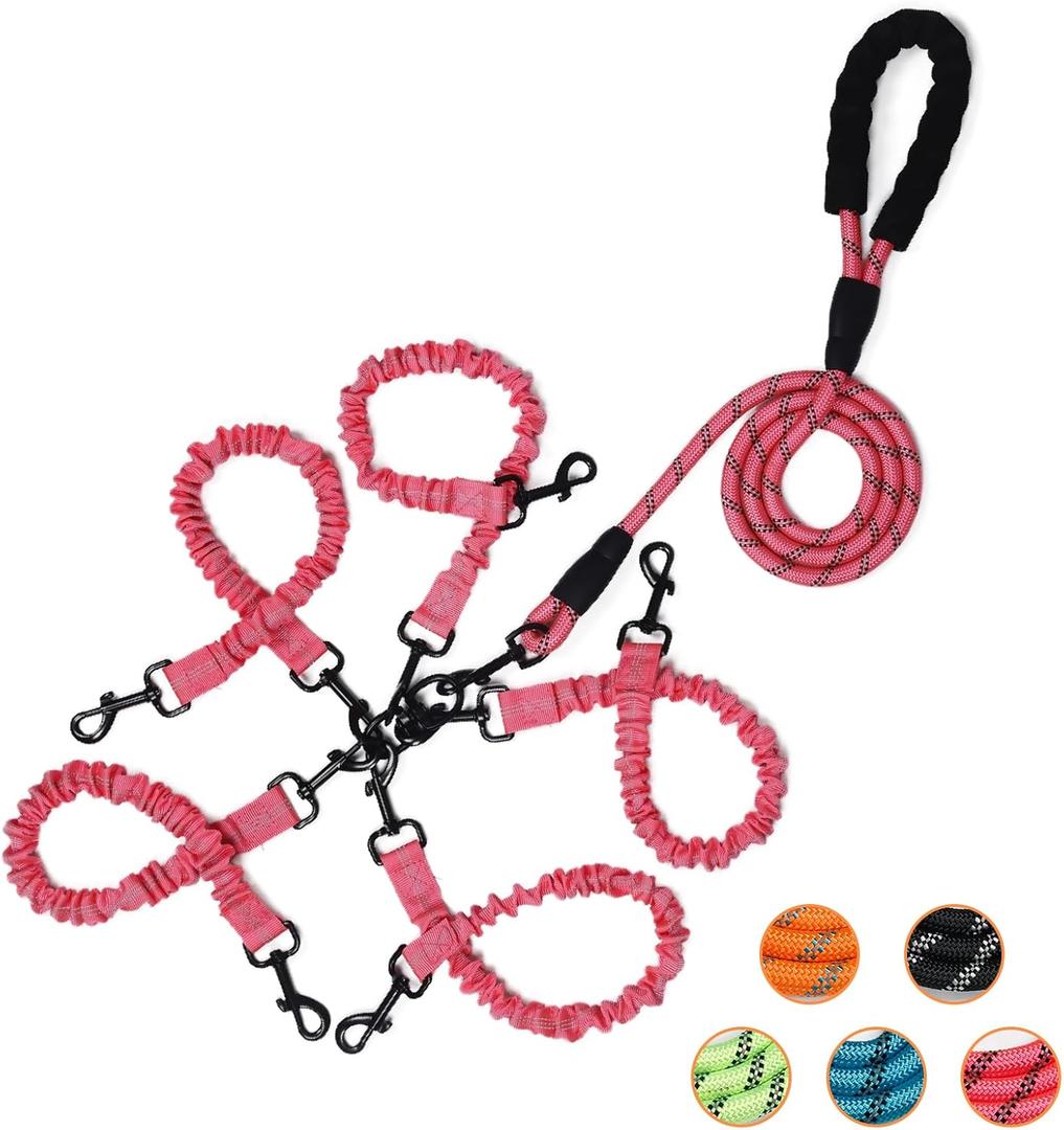 5 Way Dog Leash,No Tangle for Three Dogs, 3 in 1 Dog Leash with 360 Swivel, Shock Absorbing, Reflective Threads Comfort Foam Handle, Ideal for Small Dogs and Dog Training (Pink, 5 Way)