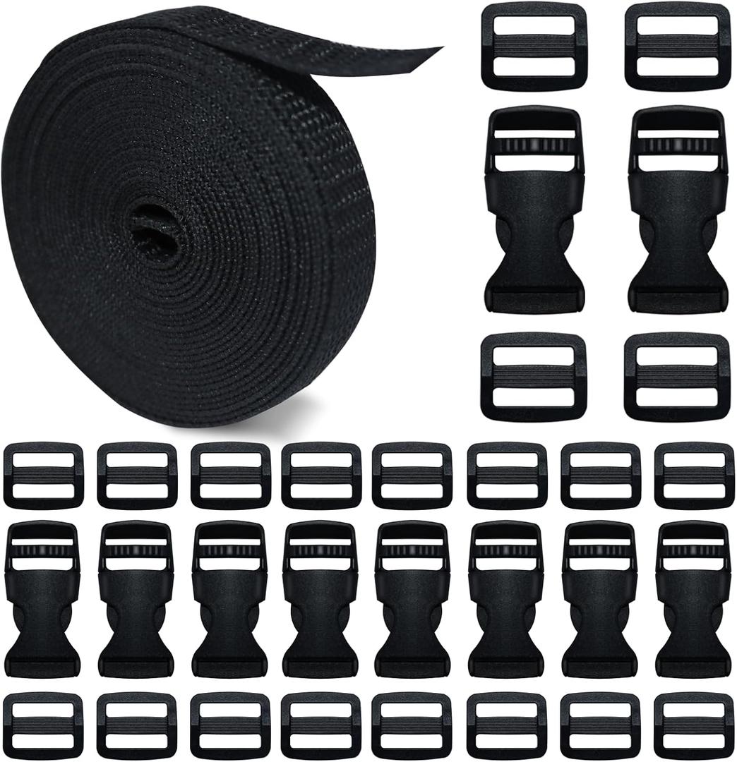 Buckles Straps 5/8 Inch, Nylon Webbing Straps 6 Yards + 10 PCS Quick Side Release Plastic Buckles + 20 PCS Tri-Glide Slide Clip, No Sewing Required Heavy Duty Durable, Dog Collars Replacement.
