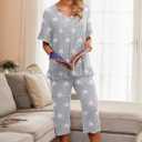 PrinStory Womens Pajama Set Short Sleeve Shirt and Capri Pants Sleepwear Pjs Set with Pockets (Gray, XXL)
