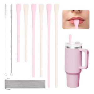 5Pcs Anti Wrinkle Straw, Flat Wide Drinking Straw Compatible with Stanley 40 oz & 30 oz, Reusable Flexible Wrinkle Long Drinking Straws with Cleaner Brush, Perfect for Lip Filler