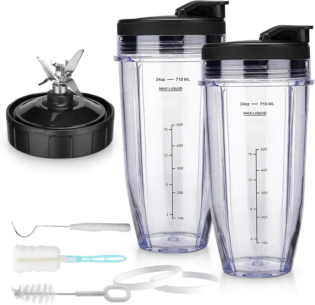 Blender Replacement Parts for Ninja, 2 24oz Cups with To-Go Lids, 7 Fins Extractor Blade, for Nutri Ninja Auto iQ BN801 BL480-30 BL640-30 BL642-30 NN100-30 BL2012 (2 Pack)