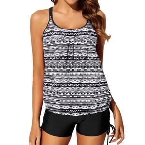 Yonique Womens Blouson Tankini Swimsuits Two Piece Strappy Bathing Suit Tops with Shorts Criss Cross Swimwear (Medium, Black&white Tribal) Yonique Womens Blouson Tankini Swimsuits Two Piece Strappy Bathing Suit Tops with Shorts Criss Cross Swimwear (Medium, Black&white Tribal)