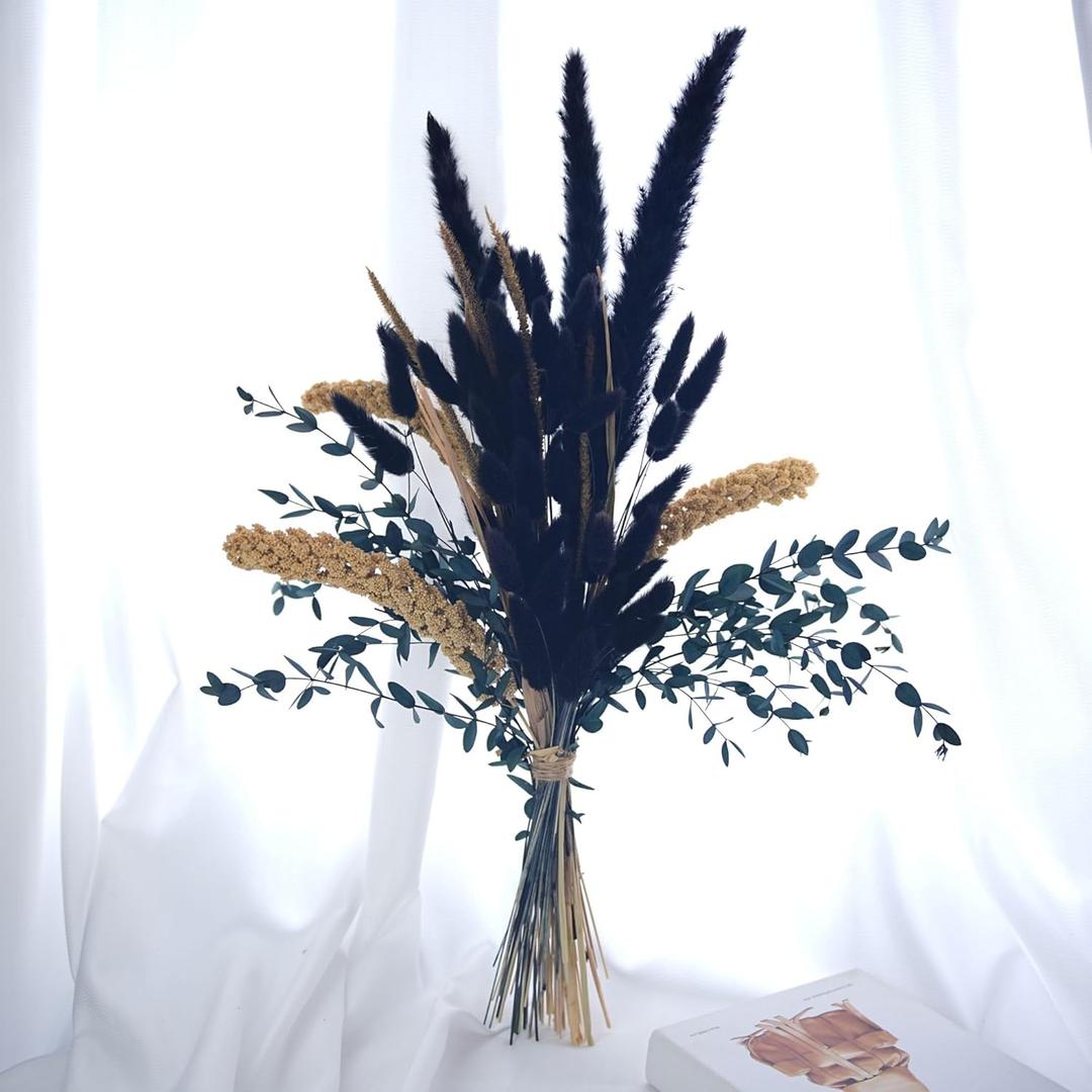 Dried Flowers for Vase, Black Pampas Grass Boho Bouquet Decor Mixed Dreid Flowers Wall Decor, Rustic Flower Arrangement for Home Decor Office Bedroom DIY Craft
