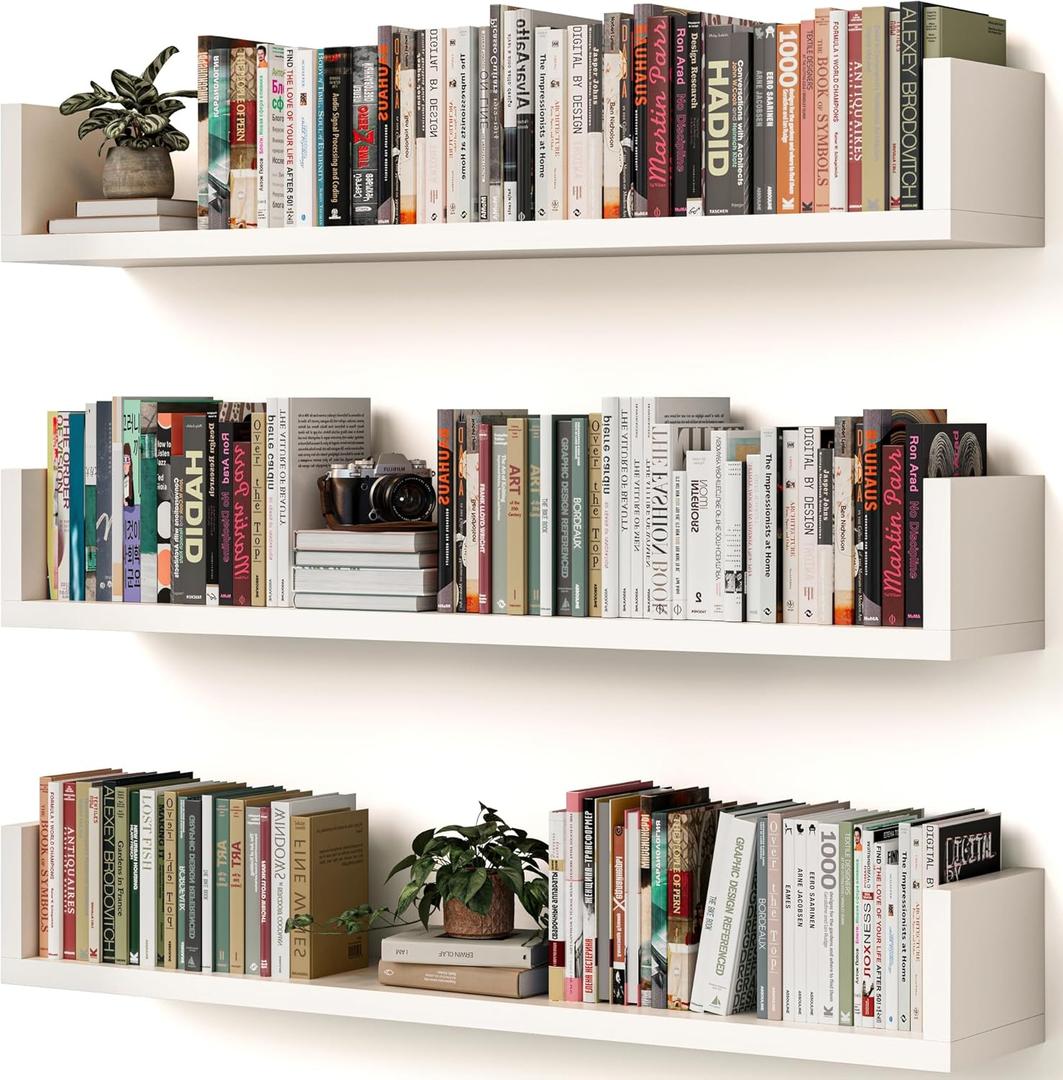 Wall Bookshelf, Set of 3, 36 Inches U Shaped Wall Shelves, Long Deep Floating Shelves, Large Floating Book Shelves - Wood Hanging Bookshelves for Kitchen, Bedroom (White, 36 Inches)
