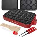 Multifunction Nonstick Baking Maker with 3 Interchangeable Baking Plates for Fried Eggs, Fried Steak, Takoyaki, Cake Pops, Grill Maker, RED-1