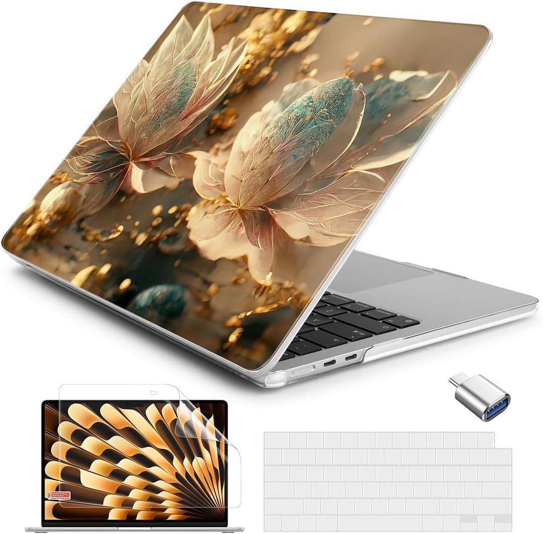 Batianda Case for New MacBook Air 13 inch 2025 M4 2024 2022 Model A3240 A3113 M3 A2681 M2, Designed Protective Hardshell Keyboard Cover & Screen Protector and USB-C Adapter, 3D Flower