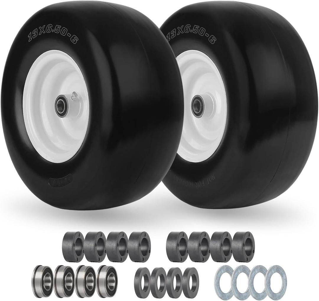 13x6.50-6 Flat Free Lawn Mower Tire and Wheel, Solid Smooth Zero Turn Mower Front Tire Assembly, with 3/4" & 5/8" Bearing, 4"-6.5" Centered Hub, Compatible with Lawnmower Garden Tractor, 2 Pack