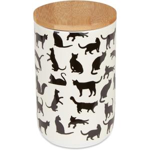 Bone Dry Ceramic Treat Jar for Cats and Dogs, Bamboo Lid, Dishwasher Safe Canister, 4x6.5, Black/White, Cat Treats