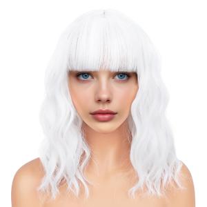 BATISI White Wavy Wig with Bangs Soft Short Bob Wigs for Women Synthetic Shoulder Length Women's Curly Wigs for Costumes Cosplay Daily