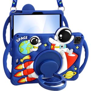 Boaretiu Kids Case for iPad Air 11 Inch M3 & M2/Air 5th/4th 10.9" for iPad Pro 11 Inch 4/3/2/1 - Cute Cartoon Astronaut Spaceship Silicone with Strap & Rotating Stand Soft Tablet Case for Boys Teens