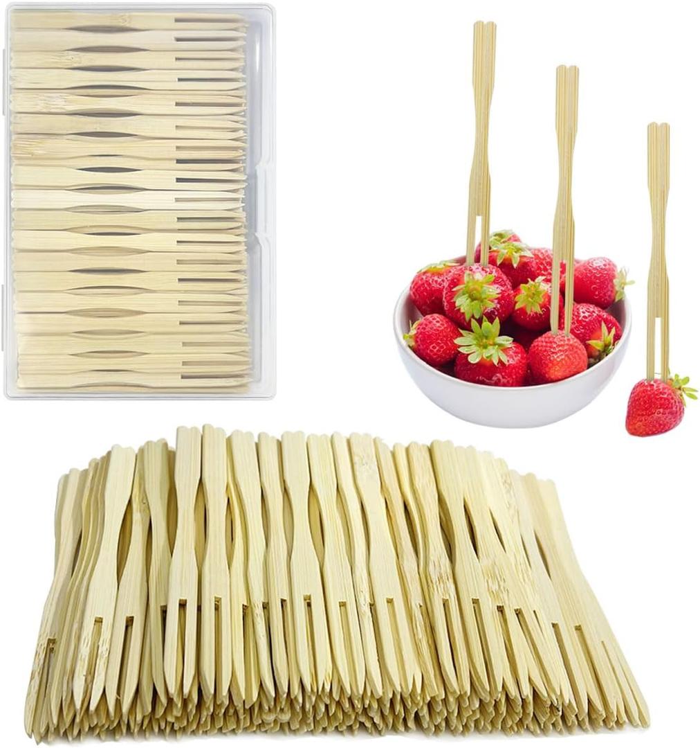 Mini Bamboo Forks 3.5 inch, with Storage Case - Cocktail forks, Toothpicks for Appetizers, Disposable, party fruit, bamboo forks for deli accessories, 100 pieces Bamboo Forks