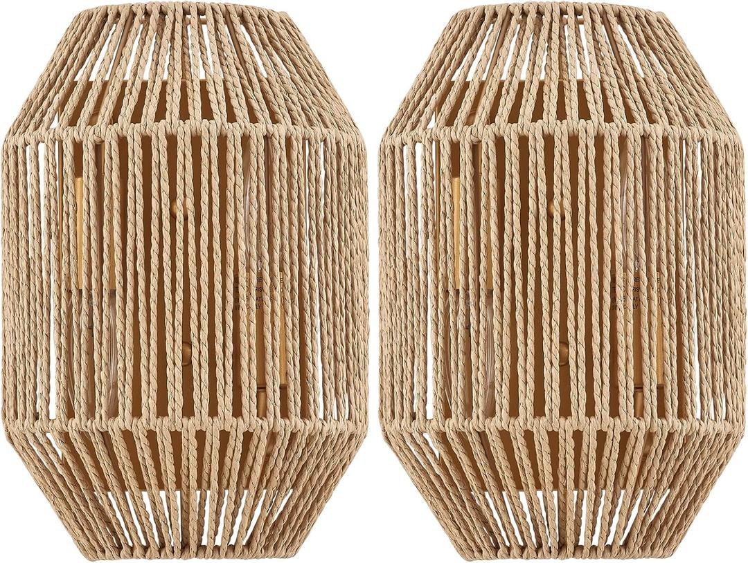 Natural Rattan Wall Sconce Set of 2, with Boho Woven Wicker Shade Antique Brass Brush Paint Finish for Vanity Stairway Fireplace Living Room Bedside Passway Hallway (Hardwired Type 1)