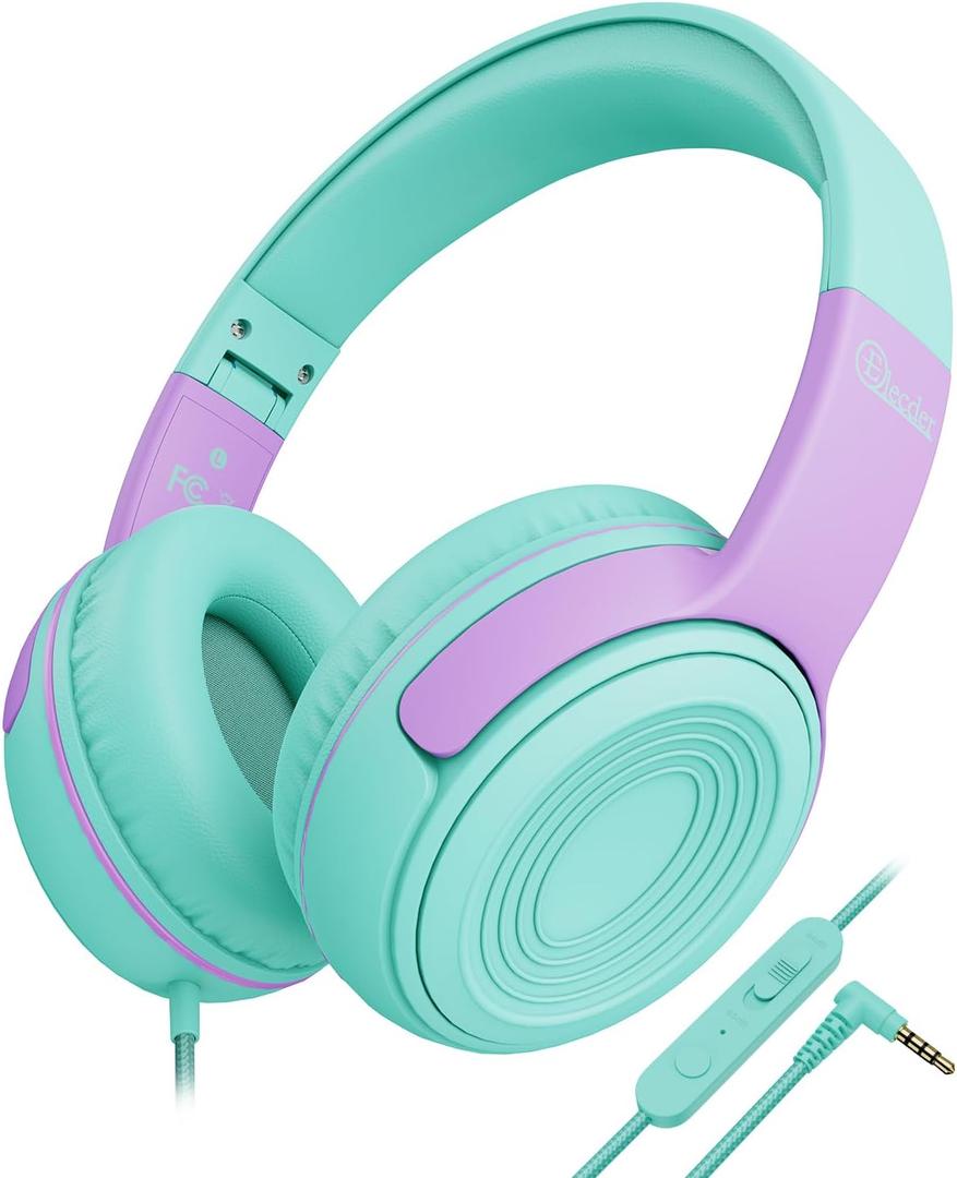 ELECDER Kids Headphones, S8 Wired Headphones for Kids with Microphone for Boys Girls, Adjustable 85dB/94dB Volume Limited, 3.5 mm Jack for/Kindle/Smartphones/Tablet/Airplane Travel(Green/Purple)
