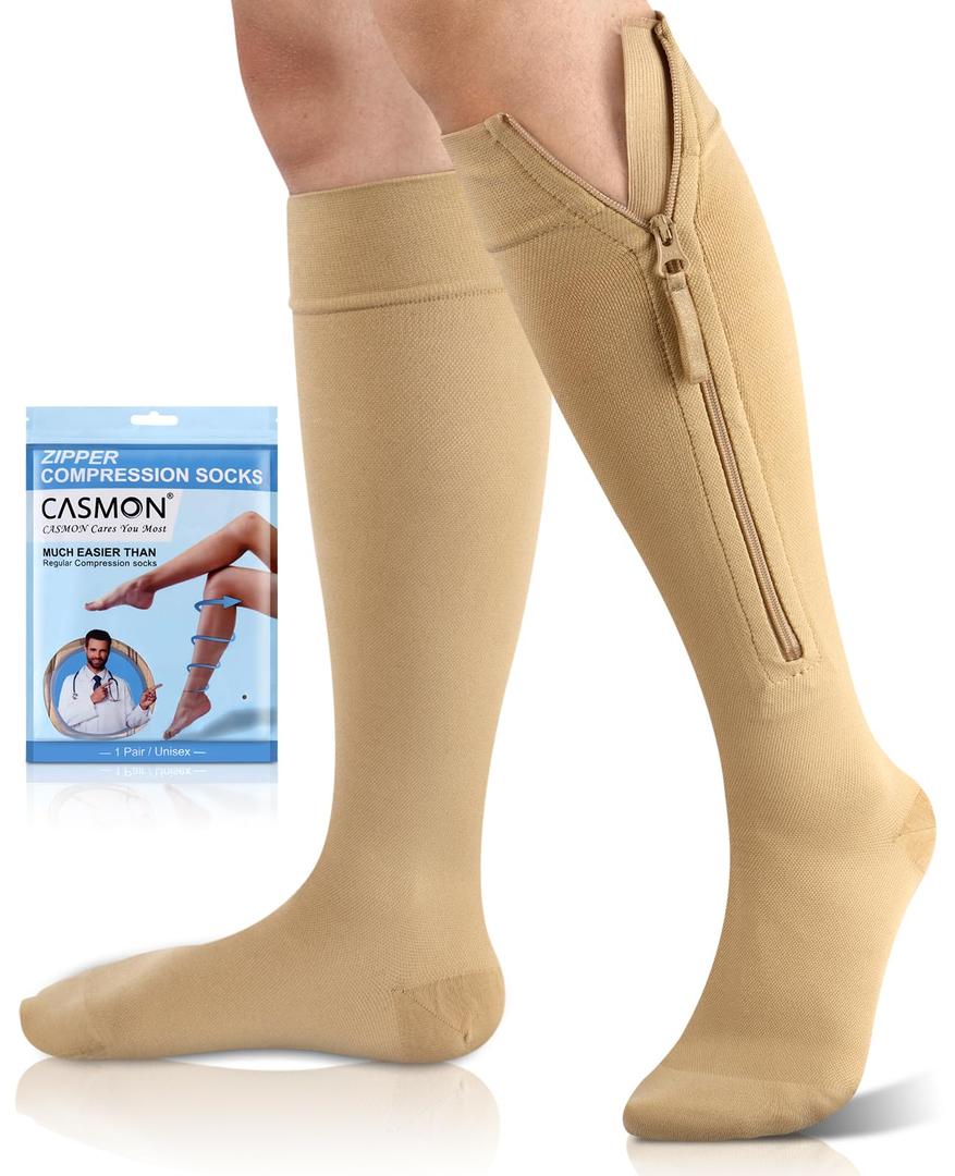 CASMON 15-20mmHg Zipper Compression Socks for Women and Men, Knee High Compression Stockings, Medical Closed Toe Support Socks for Varicose Veins, Post-surgery, Swelling, Nurses, Pregnancy (1 Pair), Large