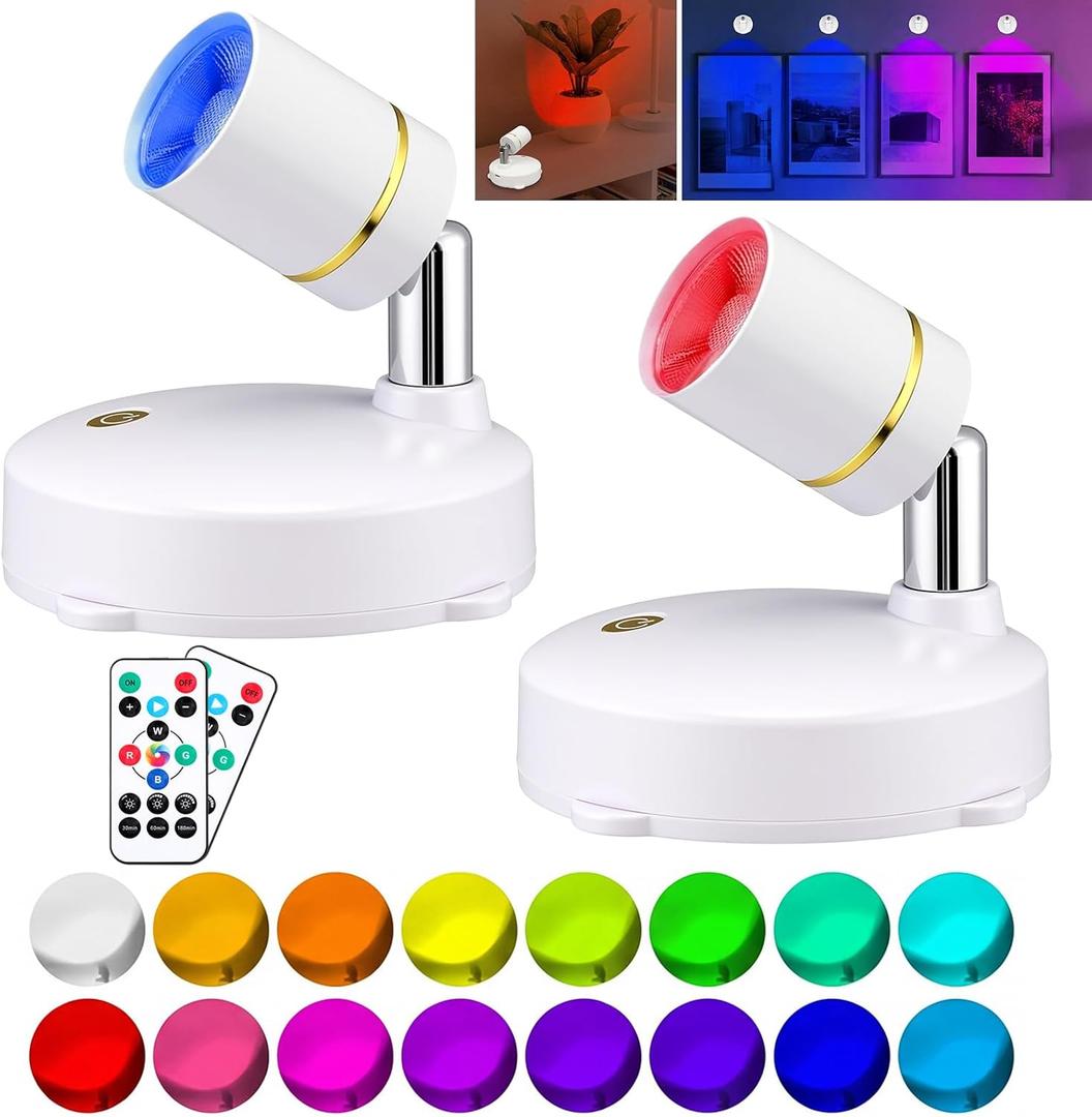 RGB Spotlight with Remote Control Set of 2, 16 Colors Changing Lights and 10 Brightness Levels Adjustable 180 Rotation 4 Flash Modes Dimmable Timer Function Battery Powered for Home