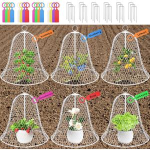 OZMI Garden Chicken Wire Cloches for Plants Protectors from Animals 16" D x 12" H 6 Pcs Rustproof Plant Cages for Outdoor Vegetable Flowers Garden Large Assemble-able Metal Cloches White