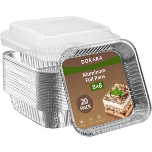 8x8 Square Aluminum Baking Cake Pans with Lids - 20 Pack Foil Pan For Cooking, Heating, Baking Cakes, Storing, Roasting or Homemade Breads - Aluminum Baking Pans Disposable - Bottom: 6.5x6.5