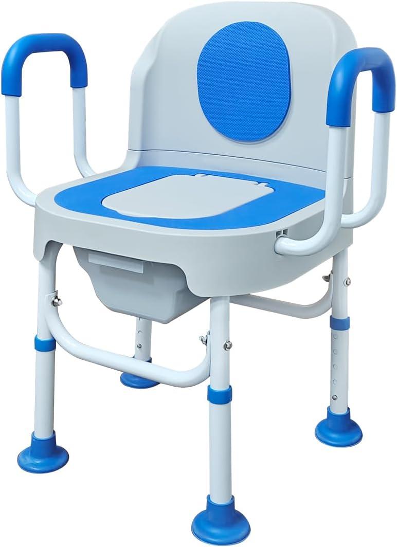Lumizone Portable Toilet Chair for Elderly Adjustable Bedside Commode with Armrests & Sliding -Level Height Odor-Proof Double Lid Non-Slip Feet Supports 220 lbs, Lightweight for Home/Travel