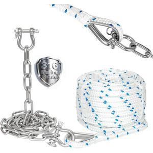 5/8" Boat Anchor Rope 200 FT with 316 Stainless Steel Anchor Chain 5/16" x 10 FT, 5/16" Bow Shackles and 5/8" Thimble, Anchor Rode for Mooring, Boats Pontoon, Deck, Fishing, Sail