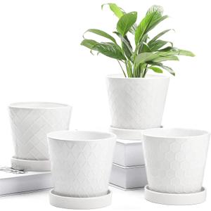 Plant Pots Indoor 5 inch Ceramic Flower Pot with Drainage Hole and Ceramic Tray - Gardening Home Desktop Office Windowsill Decoration Gift, Set of 4 - Plants NOT Included (White)