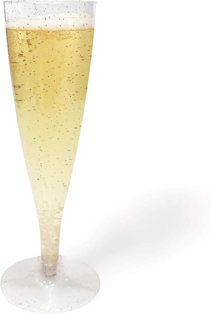 Oasis Creations Plastic Champagne Flute Glasses Set 10 count- 4.5 ounce - Silver Glitter Stem Cups - 2 Pieces - Ideal for Birthday Party, Wedding Reception, Office Parties, and other Celebrations!