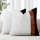 cygnus Set of 2 Decorative Throw Pillow Covers 18x18 Inch Black and White Linen Pillowcase with Faux Leather Contract Modern Farmhouse Decor Cushion Covers for Sofa Bed Living Room