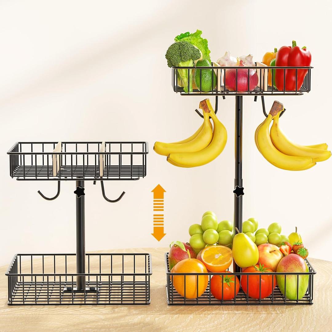 4-Level Adjustable Height Fruit Basket for Kitchen Countertop, 2-Tier Fruit Bowl with Removable Banana Hooks, Kitchen Organizer for Banana, Vegetable, and Snack Storage