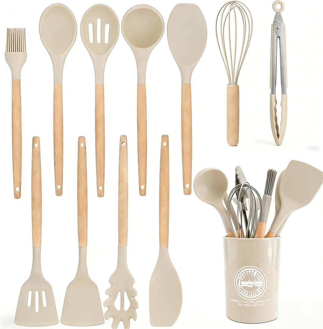 Silicone Cooking Utensil Set,12 PCS Cooking Kitchen Utensils Set, Nonstick Kitchen Utensils 446F Heat-Resistant Cookware Kitchen Tools of Spoon,Brush,Whisk,Spatula,Turner Tongs (Khaki)