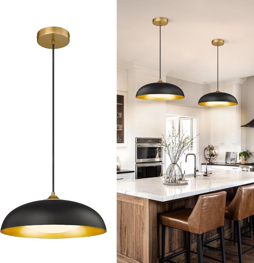 kudos 15 Inch Large LED Pendant Lights, Black and Gold Pendant Light Fixtures, Modern Hanging Lights for Kitchen Island, Dining Room, Living Room, Bedroom, 5CCT Adjustable, KDPL02-BK